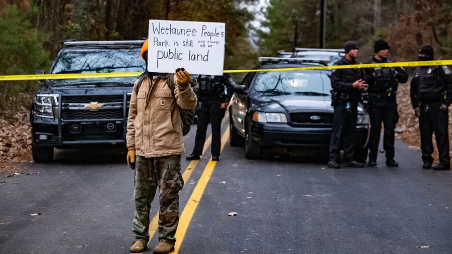 A protestor outside the Weelaunee forest; credit: ABC News